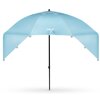 Niebieski parasol plażowy z logo "NILS" na środku, posiada czarny stelaż i kilka oczek na krawędziach materiału. Parasol ma kształt kopuły i jest rozłożony, prezentując swoją pełną formę.
