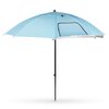 Niebieski parasol plażowy z czarnym stelażem, posiadający prostokątny otwór wentylacyjny z czarną obwódką. Parasol ma srebrne wykończenie na krawędzi i jest rozłożony na białym tle.