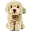 Na zdjęciu znajduje się pluszowa maskotka przedstawiająca siedzącego psa rasy labrador retriever w jasnym kolorze, z metką z napisem "ECO FRIENDLY RAPPA ORIGINAL" oraz okrągłą naszywką z napisem "PREMIUM QUALITY RAPPA EXCLUSIVE COLLECTION". Maskotka ma du