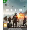 Okładka gry "Battlefield 6" na Xbox Series X przedstawia żołnierzy na tle płonącego miasta, z lecącymi nad nimi myśliwcami. Widoczne są logotypy BF Studios i Electronic Arts oraz oznaczenie wiekowe 16+ z informacją "Requires: Xbox Subscription & Internet"
