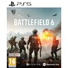 Okładka gry "Battlefield 6" na PS5 przedstawia żołnierzy w pełnym ekwipunku na tle zniszczonego miasta z płonącymi budynkami i przelatującymi myśliwcami. Widoczne są logotypy BF Studios i Electronic Arts oraz oznaczenie wiekowe 16+ z informacją "provision