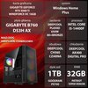 Na zdjęciu znajduje się komputer z widocznymi specyfikacjami: karta graficzna GIGABYTE GEFORCE RTX 5060 Ti WINDFORCE OC 16GB, płyta główna GIGABYTE B760 DS3H AX, zasilanie DEEPCOOL PL650D 650W 80+BRONZE, procesor INTEL CORE I5-14400F, obudowa DEEPCOOL CH5
