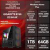 Na zdjęciu znajduje się komputer z widocznymi specyfikacjami: karta graficzna GIGABYTE GEFORCE RTX 5060 WINDFORCE OC 8GB, płyta główna GIGABYTE B760 DS3H AX, zasilanie DEEPCOOL PL650D 650W 80+BRONZE, procesor INTEL CORE I5-14400F, obudowa DEEPCOOL CH560 C
