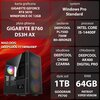 Na zdjęciu znajduje się komputer z podświetleniem RGB oraz szczegółowa specyfikacja techniczna, w tym karta graficzna GIGABYTE GeForce RTX 5070, procesor Intel Core i5-14400F, 64GB RAM, 1TB SSD, system Windows Pro Standard, płyta główna GIGABYTE B760 DS3H