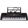 Czarny keyboard z białymi i czarnymi klawiszami, posiadający wyświetlacz oraz liczne przyciski funkcyjne na panelu. Nad klawiaturą znajduje się stojak na nuty z motywem nutowym.