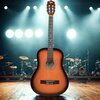 Na zdjęciu znajduje się gitara klasyczna w kolorze sunburst, ustawiona na scenie z oświetleniem scenicznym w tle. Na główce gitary widoczne jest logo "V-Tone".