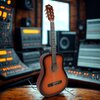 Na zdjęciu znajduje się gitara klasyczna w kolorze sunburst, ustawiona na drewnianym stole w otoczeniu sprzętu muzycznego z widocznymi panelami kontrolnymi i głośnikami. Na główce gitary widoczne jest logo "V-Tone".