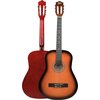 Na zdjęciu widoczna jest klasyczna gitara w wykończeniu sunburst, z przodu i z tyłu, z sześcioma strunami i okrągłym otworem rezonansowym. Na główce gitary znajduje się logo "V-TONE".