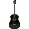 Czarna gitara klasyczna z sześcioma strunami, posiadająca okrągły otwór rezonansowy z ozdobnym wzorem wokół niego. Na główce gitary widoczne jest logo z napisem "V-TONE".