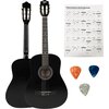 Czarna gitara klasyczna z widocznym logo "V-TONE" na główce, obok której znajduje się kartka z diagramami akordów gitarowych zatytułowana "Najważniejsze akordy gitarowe". Na zdjęciu widoczne są także trzy kolorowe kostki do gry na gitarze.