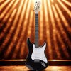 Czarna gitara elektryczna z białym pickguardem stoi na tle oświetlonym promieniami światła. Na główce gitary widoczne jest logo producenta.