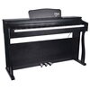 Czarne pianino cyfrowe z widocznymi klawiszami i trzema pedałami na dole, na górze znajduje się logo "V-TONE". Instrument ma elegancką, prostą konstrukcję z drewnianym wykończeniem.