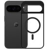 Na zdjęciu widoczny jest czarny telefon z logo "G" oraz przezroczysto-czarne etui z dużym okrągłym wycięciem na środku i prostokątnym wycięciem na aparat.