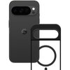 Na zdjęciu widoczny jest czarny telefon z logo "G" oraz przezroczysto-czarna obudowa z wycięciami na aparat i okrągłym otworem na środku.
