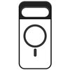 Przezroczysto-czarne etui na telefon z dużym, czarnym okręgiem i pionową kreską na środku. Górna część etui ma wycięcie na aparat.
