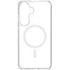 Przezroczyste etui na telefon z wycięciem na aparat i okrągłym wzorem na środku. Produkt przeznaczony do Samsung Galaxy S25 FE.