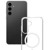 Na zdjęciu widoczny jest czarny smartfon z trzema aparatami z tyłu oraz przezroczyste etui z okrągłym wzorem na środku. Na obudowie telefonu znajduje się napis "SAMSUNG".