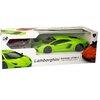 Opakowanie zawiera zdalnie sterowany model samochodu w kolorze zielonym, z widocznym napisem "Lamborghini Aventador LP700-4 Scale 1:14 Radio Control". Na opakowaniu znajdują się również ilustracje samochodu oraz logo "RW".