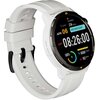 Szary smartwatch z białym paskiem, na wyświetlaczu widoczna jest data "APR 06", dzień tygodnia "WEDNESDAY", godzina "08:26:00 AM", poziom naładowania baterii "100%", liczba kroków "8000 STEPS" oraz tętno "102 BPM". Na ekranie znajdują się także ikony i ws