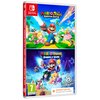 Okładka gry "Mario + Rabbids Compilation (Kingdom Battle + Sparks of Hope)" na konsolę Nintendo Switch, przedstawia kolorowe postacie z gier na tle dynamicznych scen. Widoczne są logotypy Nintendo Switch i Ubisoft, a także oznaczenie wiekowe 7 oraz inform