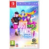 Okładka gry "Just Dance 2026 Edition" na konsolę Nintendo Switch, oznaczona jako "Limited Edition" z informacją o zawartości cyfrowej gry i pakiecie Dr. Gigavolt. Widoczne są kolorowe postacie w dynamicznych pozach, logo Ubisoft oraz oznaczenia wiekowe PE