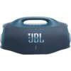 Niebieski głośnik mobilny z dużym logo "JBL" na przedniej siatce, posiada uchwyt na górze oraz przyciski sterujące. Na górnej części widoczne są symbole włączania, Bluetooth, zmniejszania i zwiększania głośności oraz odtwarzania.