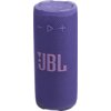 Fioletowy głośnik mobilny z widocznym logo "JBL" na siatkowanej powierzchni. Na górze znajdują się przyciski sterujące: włączania, Bluetooth oraz regulacji głośności.