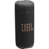 Czarny głośnik mobilny z widocznym logo "JBL" w kolorze pomarańczowym na siateczkowej powierzchni. Na górze głośnika znajdują się przyciski sterujące w kształcie symboli: minus, trójkąt i plus.