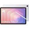 Na zdjęciu widoczny jest tablet z ekranem wyświetlającym gradientowe tło w odcieniach różu i fioletu, obok którego znajduje się biały rysik. Na ekranie tabletu widnieje napis "Galaxy Tab S11", a w tle widać fragment tylnej obudowy z logo "SAMSUNG".