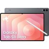 Tablet z dużym ekranem wyświetla gradient w odcieniach różu i pomarańczu, z białym rysikiem na ekranie. Na ekranie widoczny jest tekst: "Galaxy Tab S11 Ultra", a w tle znajduje się szara obudowa z logo "SAMSUNG".