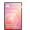 Tablet z dużym ekranem wyświetla gradientowe tło w odcieniach różu i pomarańczu, z białymi napisami "Galaxy Tab S11 Ultra" oraz białym rysikiem przylegającym do krawędzi. W górnym rogu widoczne są białe, stylizowane gwiazdki.