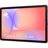 Tablet z czerwonym obramowaniem i wyświetlaczem pokazującym gradientowe tło w odcieniach różu i fioletu, z białym napisem "Galaxy Tab S10 Lite" w dolnej części ekranu. W lewym górnym rogu widoczne są białe, stylizowane gwiazdki.