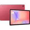 Czerwony tablet z widocznym logo "SAMSUNG" na tylnej obudowie oraz ekranem wyświetlającym kolorową grafikę z napisem "Galaxy Tab S10 Lite". W tle widać tylną część urządzenia z aparatem w rogu.