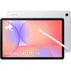 Tablet z wyświetlaczem o gradientowym tle w odcieniach różu i fioletu, z białym rysikiem umieszczonym na ekranie. Na ekranie widoczny jest napis "Galaxy Tab S10 Lite", a w tle znajduje się fragment tylnej obudowy z logo "SAMSUNG".