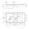 Schemat techniczny zlewozmywaka z wymiarami: szerokość 970 mm, głębokość 500 mm, wysokość komory 210 mm i 130 mm. Widoczne są średnice otworów odpływowych 90 mm oraz szczegółowe wymiary poszczególnych sekcji.