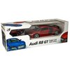 Pudełko zawiera zdalnie sterowany model samochodu Audi R8 GT w skali 1:14, z widocznym czerwonym pojazdem i kontrolerem. Na opakowaniu znajduje się tekst "Audi R8 GT Scale 1:14 Radio Control" oraz logo "RS" z numerem 28714.