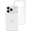 Przezroczyste etui 3MK MagCase do Apple iPhone 17 Pro jest pokazane obok telefonu, z widocznymi trzema aparatami i logo Apple. Etui ma wycięcia na aparaty i okrągły wzór na środku.