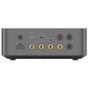 Ciemnoszary wzmacniacz z widocznymi złączami: IN, HDMI ARC, USB, LAN, IN, SUB OUT oraz symbolami oznaczającymi różne funkcje. Na panelu znajdują się również okrągłe gniazda z oznaczeniami "~", "+", "R", "-", "L".
