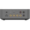 Na zdjęciu widoczny jest tylny panel wzmacniacza z różnymi portami, w tym HDMI ARC, USB, LAN oraz złączami audio oznaczonymi jako IN i SUB OUT. Panel ma również trzy okrągłe złącza z oznaczeniami +, R, -, L oraz symbol falowy.
