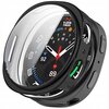 Czarne etui TECH-PROTECT Defense do Samsung Galaxy Watch 8 (40 mm) z przezroczystą osłoną, ukazujące tarczę zegarka z białymi i czerwonymi wskazówkami oraz różnorodnymi wskaźnikami i ikonami. Na tarczy widoczne są cyfry, dni tygodnia oraz wskaźniki procen