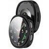 Czarne etui TECH-PROTECT Defense do Samsung Galaxy Watch 8 (40 mm) jest pokazane z przodu i z tyłu, z widocznymi przyciskami bocznymi oraz tarczą zegarka z kolorowymi wskaźnikami i ikonami. Na tarczy zegarka widoczne są cyfry, wskaźniki aktywności oraz ik