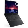 Czarny laptop z otwartym ekranem, na którym widoczna jest grafika przedstawiająca futurystyczny krajobraz z błyskawicami na tle czerwono-fioletowego nieba oraz logo "Lenovo Legion". Klawiatura jest podświetlana, a na obudowie znajduje się napis "Legion".