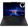 Laptop z kolorową klawiaturą podświetlaną, na ekranie widoczna jest grafika przedstawiająca futurystyczne miasto z błyskawicami na niebie. W prawym dolnym rogu ekranu znajduje się napis "Lenovo LEGION".