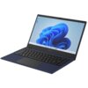 Na zdjęciu znajduje się otwarty laptop z widocznym ekranem, na którym wyświetlany jest system Windows 11 z charakterystyczną niebieską tapetą. Na obudowie poniżej ekranu widoczny jest napis "mBook".