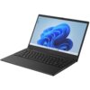 Na zdjęciu widoczny jest otwarty laptop z czarną klawiaturą i ekranem wyświetlającym domyślną tapetę systemu Windows 11. Na obudowie pod ekranem znajduje się napis "mBook".