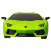 Zdalnie sterowany samochód w kolorze zielonym, przypominający sportowy model, z widocznymi reflektorami i logo na masce. Produkt to "Samochód zdalnie sterowany RW Lamborghini Aventador 28618M".