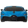 Zdalnie sterowany samochód w kolorze niebieskim z czarnymi detalami, widoczny od przodu, z charakterystycznym logo Bugatti na środku grilla. Model ma aerodynamiczny kształt i szczegółowo odwzorowane reflektory.