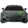 Model zdalnie sterowanego samochodu w kolorze szarym z zielonymi pasami na masce, z widocznym logo producenta na grillu oraz napisem "GT R Pro" na tablicy rejestracyjnej. Samochód ma szczegółowo odwzorowane reflektory i lusterka boczne.