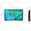 Telewizor z kolorowym wyświetlaczem przedstawiającym abstrakcyjne bąbelki, o wymiarach 733,2 mm szerokości, 438,9 mm wysokości i 72,2 mm głębokości, z boku widoczny profil o wysokości 451,8 mm i głębokości 117,3 mm.