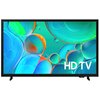 Na zdjęciu widoczny jest telewizor z kolorowym wyświetlaczem, na którym dominują niebieskie i zielone bąbelki, a w prawym dolnym rogu znajduje się napis "HD TV". Obudowa telewizora jest czarna, a na dolnej ramce widoczne jest logo producenta.